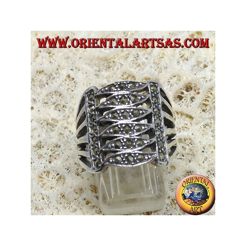 Silver band ring with six parallel ellipses and marcasite