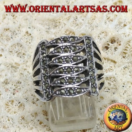 Silver band ring with six parallel ellipses and marcasite