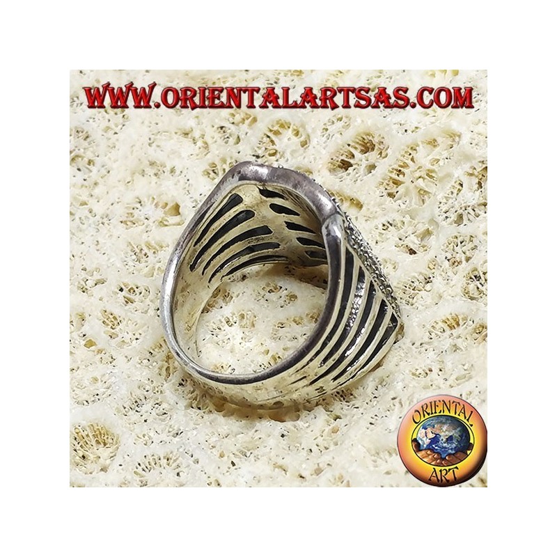 Silver band ring with six parallel ellipses and marcasite