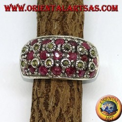Silver band ring with three rows of seven rubies set between marcasites