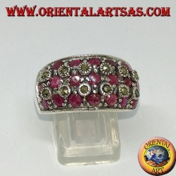 Silver band ring with three rows of seven rubies set between marcasites