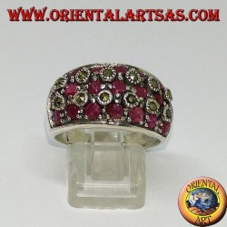 Silver band ring with three rows of seven rubies set between marcasites