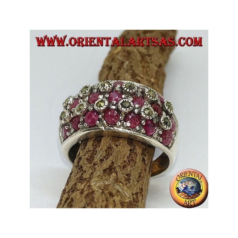 Silver band ring with three rows of seven rubies set between marcasites