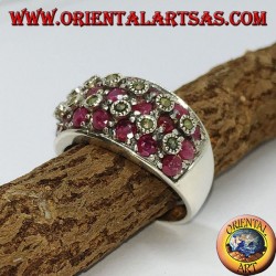 Silver band ring with three rows of seven rubies set between marcasites