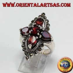 Silver ring, with 4 drop garnets and 1 natural round adorned with marcasite
