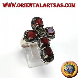 Silver ring in the shape of a cross with 5 natural garnets and marcasites