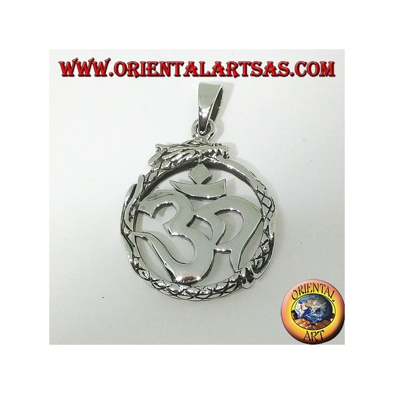Silver pendant (ॐ) Óm and Aum, a sacred symbol of Hinduism protected by the Dragon