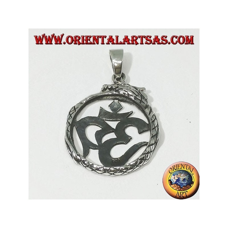 Silberanhänger (ॐ) Óm und Aum, ein heiliges Symbol des Hinduismus, das vom Drachen geschützt wird