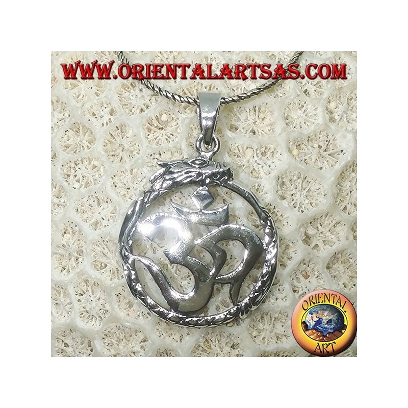 Ciondolo in argento (ॐ) Óm e Aum simbolo sacro dell'Induismo protetto dal Drago
