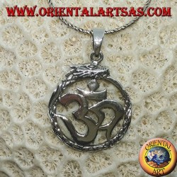 Silver pendant (ॐ) Óm and Aum, a sacred symbol of Hinduism protected by the Dragon