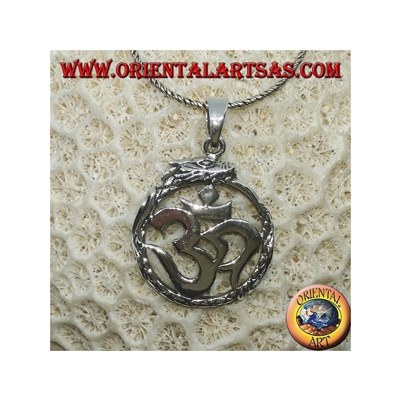 Pendentif en argent (ॐ) Óm et Aum, symbole sacré de l'hindouisme protégé par le dragon