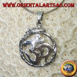 Silberanhänger (ॐ) Óm und Aum, ein heiliges Symbol des Hinduismus, das vom Drachen geschützt wird