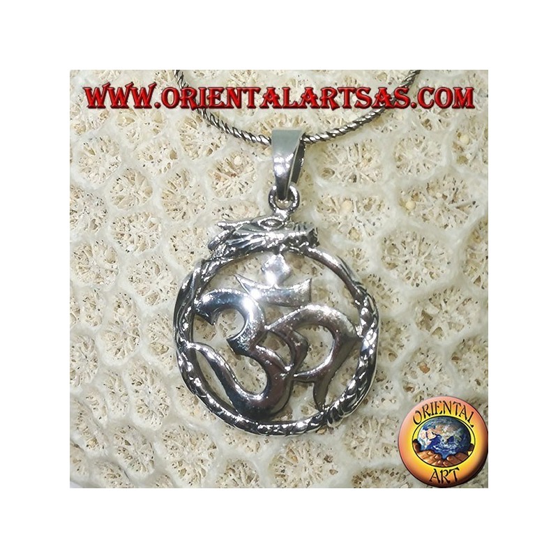 Pendentif en argent (ॐ) Óm et Aum, symbole sacré de l'hindouisme protégé par le dragon