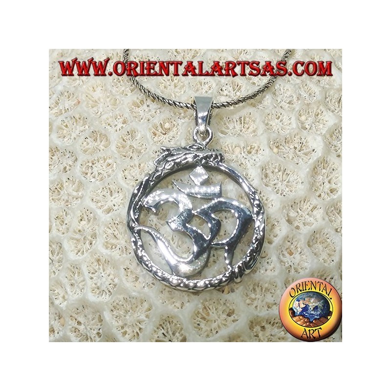Pendentif en argent (ॐ) Óm et Aum, symbole sacré de l'hindouisme protégé par le dragon