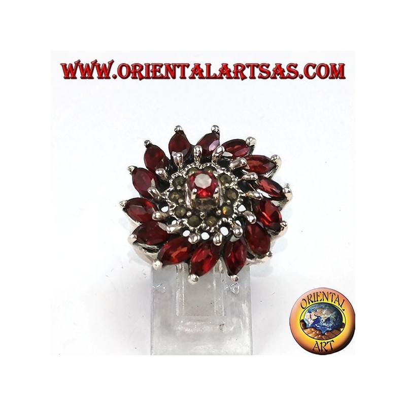 Bague ronde en argent avec 14 perles de grenat naturel