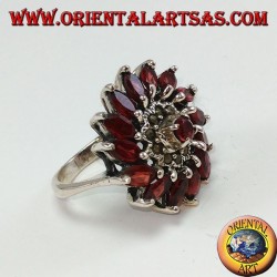 Bague ronde en argent avec 14 perles de grenat naturel