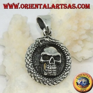 Ciondolo in argento, drago Uroboro  Ouroboros con teschio