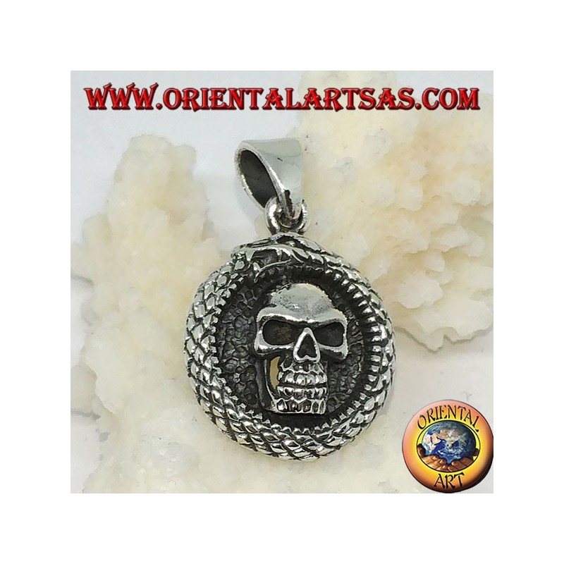 Silberanhänger, Ouroboros Uroboro Drache mit Totenkopf