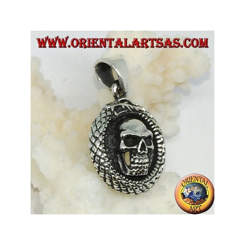 Ciondolo in argento, drago Uroboro  Ouroboros con teschio