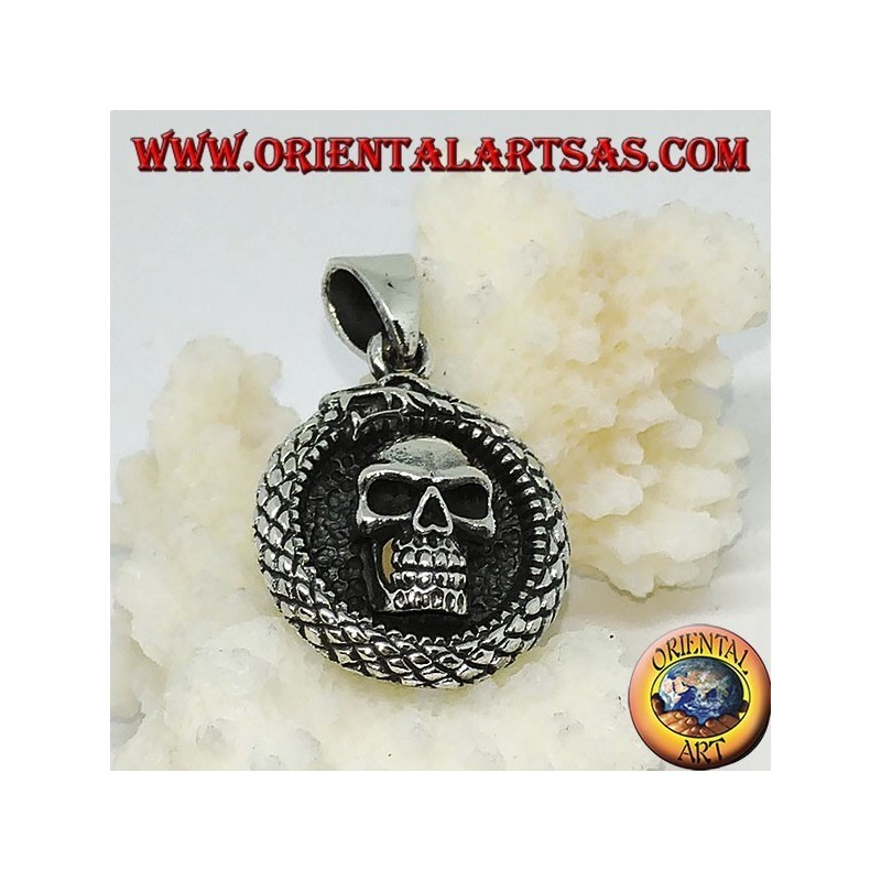 Silver pendant, Ouroboros Uroboro dragon with skull