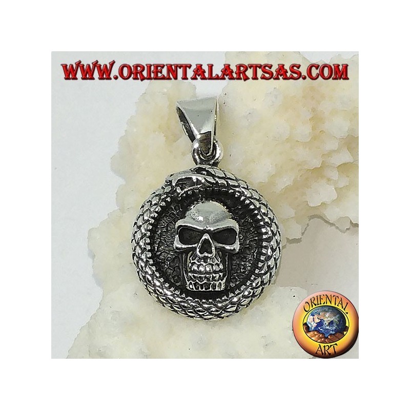 Silberanhänger, Ouroboros Uroboro Drache mit Totenkopf