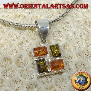 Square silver pendant with 2 amber yellow and 2 amber green rectangular