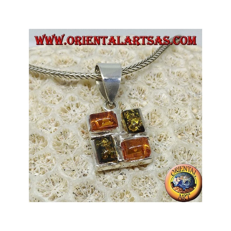 Colgante cuadrado de plata con 2 ámbar amarillo y 2 ámbar verde rectangular.