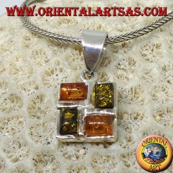 Square silver pendant with 2 amber yellow and 2 amber green rectangular