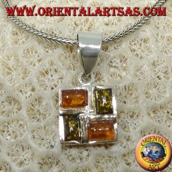 Colgante cuadrado de plata con 2 ámbar amarillo y 2 ámbar verde rectangular.