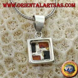 Square silver pendant with 2 amber yellow and 2 amber green rectangular