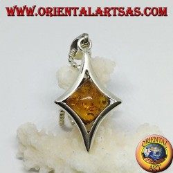 Silver pendant in diamond shape with a central square amber
