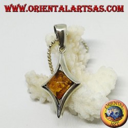 Silver pendant in diamond shape with a central square amber