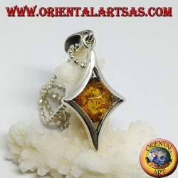 Silver pendant in diamond shape with a central square amber
