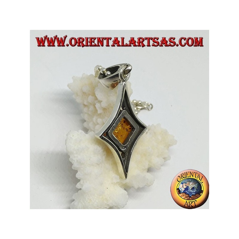 Silver pendant in diamond shape with a central square amber