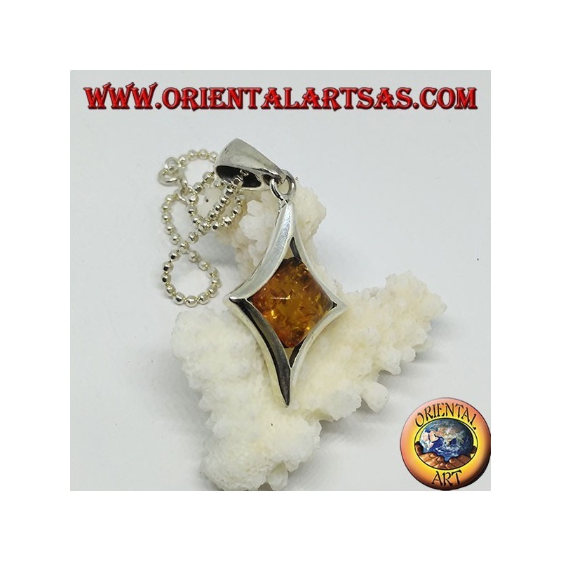 Silver pendant in diamond shape with a central square amber