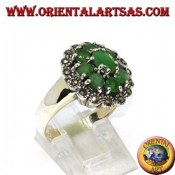 Silver ring in flower with 8 natural round emeralds surrounded by marcasites