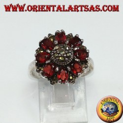 Silver ring in round shape with 8 natural oval and marcasite garnets