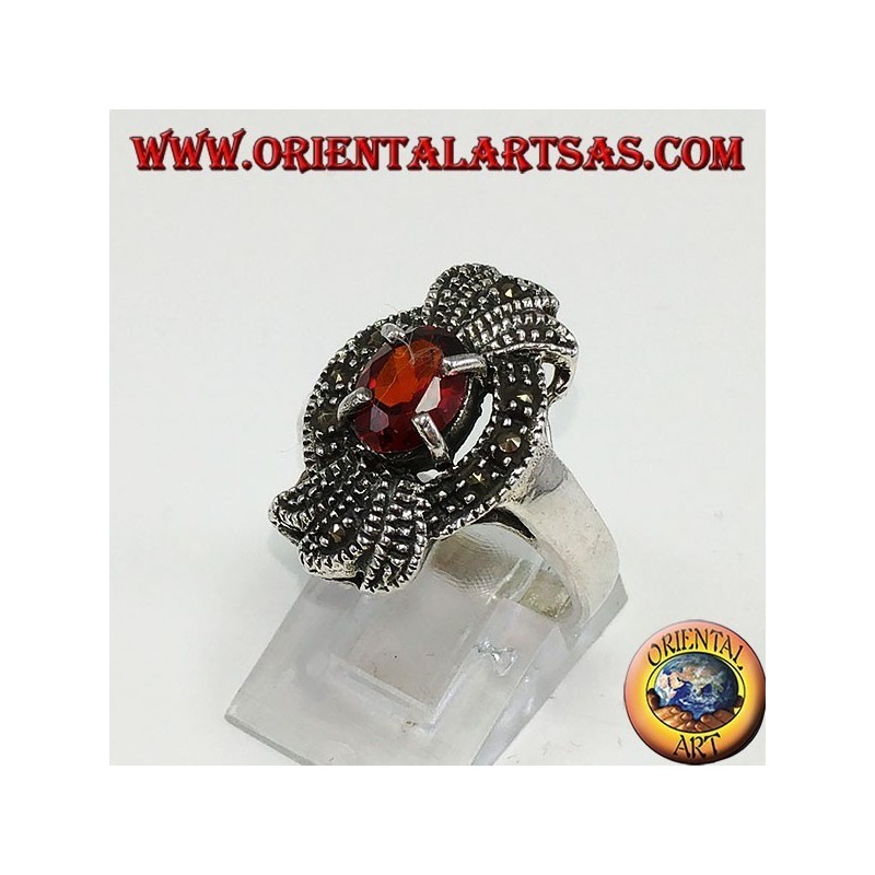 Silver ring, marcassite bow with a natural oval grenade encrusted