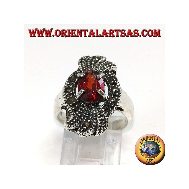 Silver ring, marcassite bow with a natural oval grenade encrusted