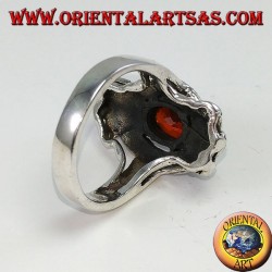 Silver ring, marcassite bow with a natural oval grenade encrusted