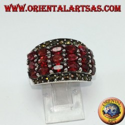 Silver band ring with 18 oval natural garnets