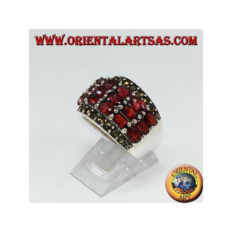 Silver band ring with 18 oval natural garnets