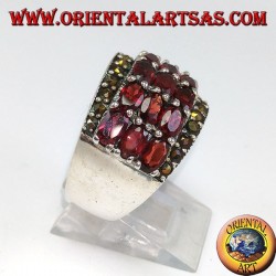 Silver band ring with 18 oval natural garnets