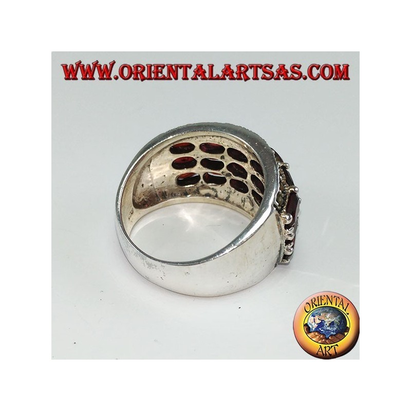 Silver band ring with 18 oval natural garnets
