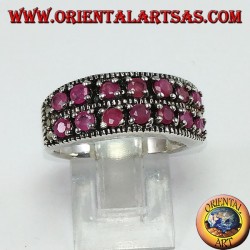 Band ring in silver with two rows of set round rubies