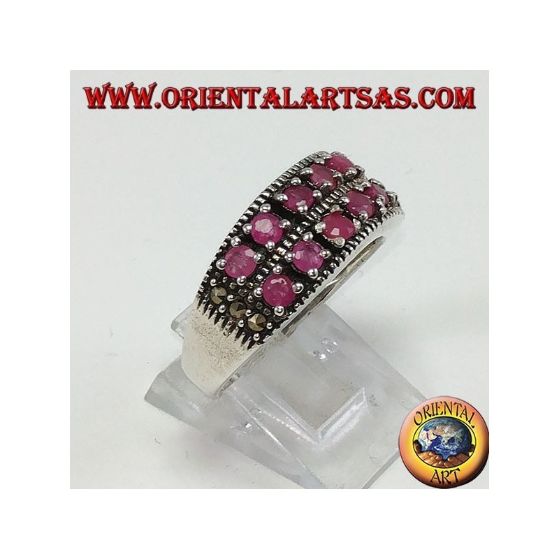 Band ring in silver with two rows of set round rubies