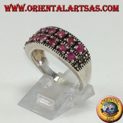 Band ring in silver with two rows of set round rubies