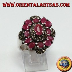Silver ring with 13 oval rubies set and adorned with marcassite