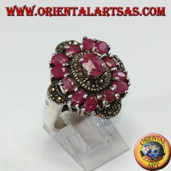 Silver ring with 13 oval rubies set and adorned with marcassite