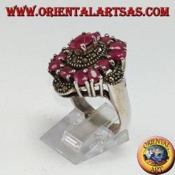 Silver ring with 13 oval rubies set and adorned with marcassite